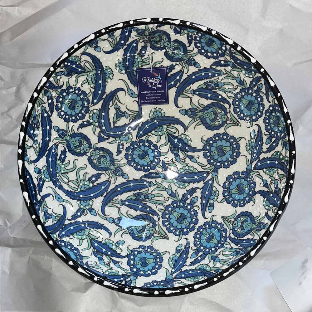 Nakkas Cini 12” hand painted serving salad or fruit bowl blue floral TURKEY EUC